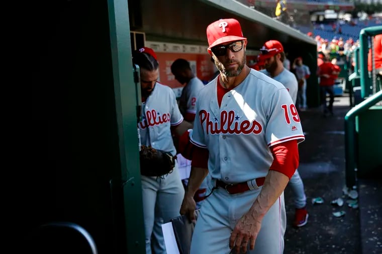 Manager Gabe Kapler walks out of the dugout after the Phillies dropped the first game of a doubleheader to the Nationals, 6-2, last Wednesday.