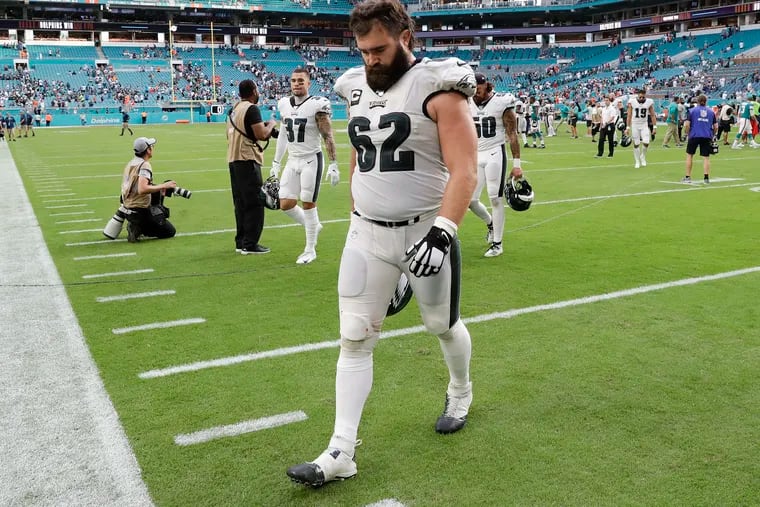 Eagles center Jason Kelce walks off the field after the Eagles lost to the Miami Dolphins 37-31 on Sunday, the team's sixth bad loss since they won Super Bowl LII.