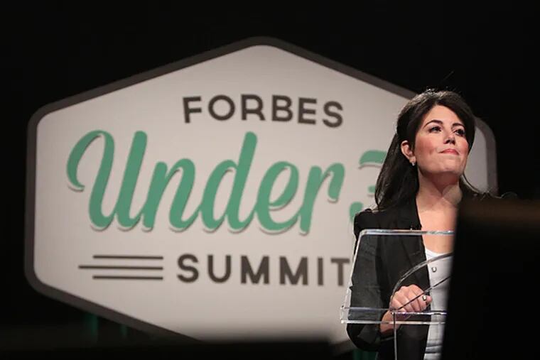 Monica Lewinsky pauses during her speech at the Forbes Under 30 Summit at the Pa. Convention Center in Philadelphia on October 20, 2014. (DAVID MAIALETTI / Staff Photographer)