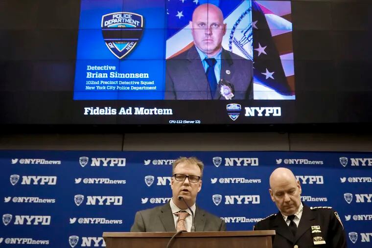 New York Police Department Chief Terence Monahan (right) and Deputy Chief Kevin Maloney at a news conference Wednesday Feb. 13, 2019, at police headquarters in New York after Detective Brian Simonsen was killed by friendly fire.