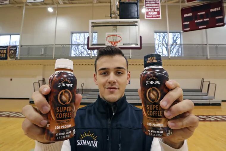 Philadelphia University point guard Jordan DeCicco with his Sunniva Super Coffee in the Gallagher Center Gym Wednesday, Dec. 28, 2016.