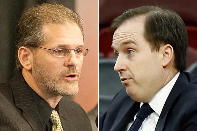Flyers general manager Ron Hextall and Sixers general manager Sam Hinkie. (Photo by Michael Pronzato) (Yong Kim/Staff Photographer)