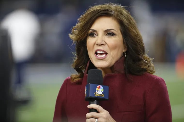 Sideline reporter Michele Tafoya reports prior to the starts of the Eagles-Cowboys game on Nov. 19 on “Sunday Night Football.”