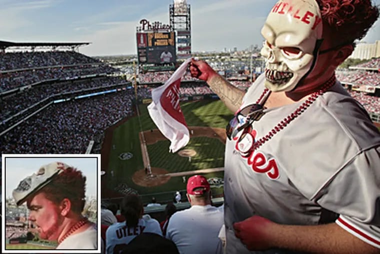 Matt Mervine of Berlin, who wore a skull mask and called himself the Rockie Killer during Game 2 of the NLDS series, is accused of stealing three World Series Rings at Citizens Bank Park. (Elizabeth Robertson / Staff Photographer )