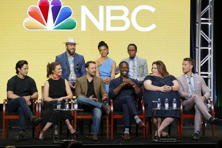 “This Is Us” at the Television Critics Association’s meetings:  Back row from left: Chris Sullivan, Susan Kelechi Watson, Ron Cephas Jones. Front tow: Milo Ventimiglia, Mandy Moore, Dan Fogelman, executive producer/showrunner; Sterling K. Brown, Chrissy Metz, Justin Hartley