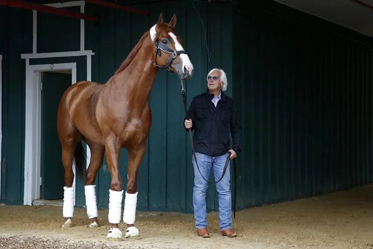 Trainer Bob Baffert walks Kentucky Derby winner Justify in a barn, Wednesday, May 16, 2018, after arriving at Pimlico Race Course in Baltimore. The Preakness Stakes horse race is scheduled to take place Saturday, May 19.