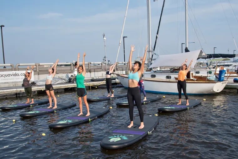 Participants take part in a paddle board yoga class atop the Delaware River near Spruce Street Harbor Park on Monday, June 18.