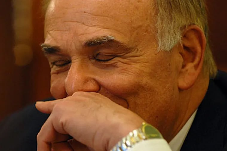 Gov. Ed Rendell laughs as he talks with Capitol reporters during an hour-long interview session Thursday. "We have achieved a great deal of the progressive agenda set forth in the 2002 campaign," he said. (Tom Gralish / Staff Photographer)
