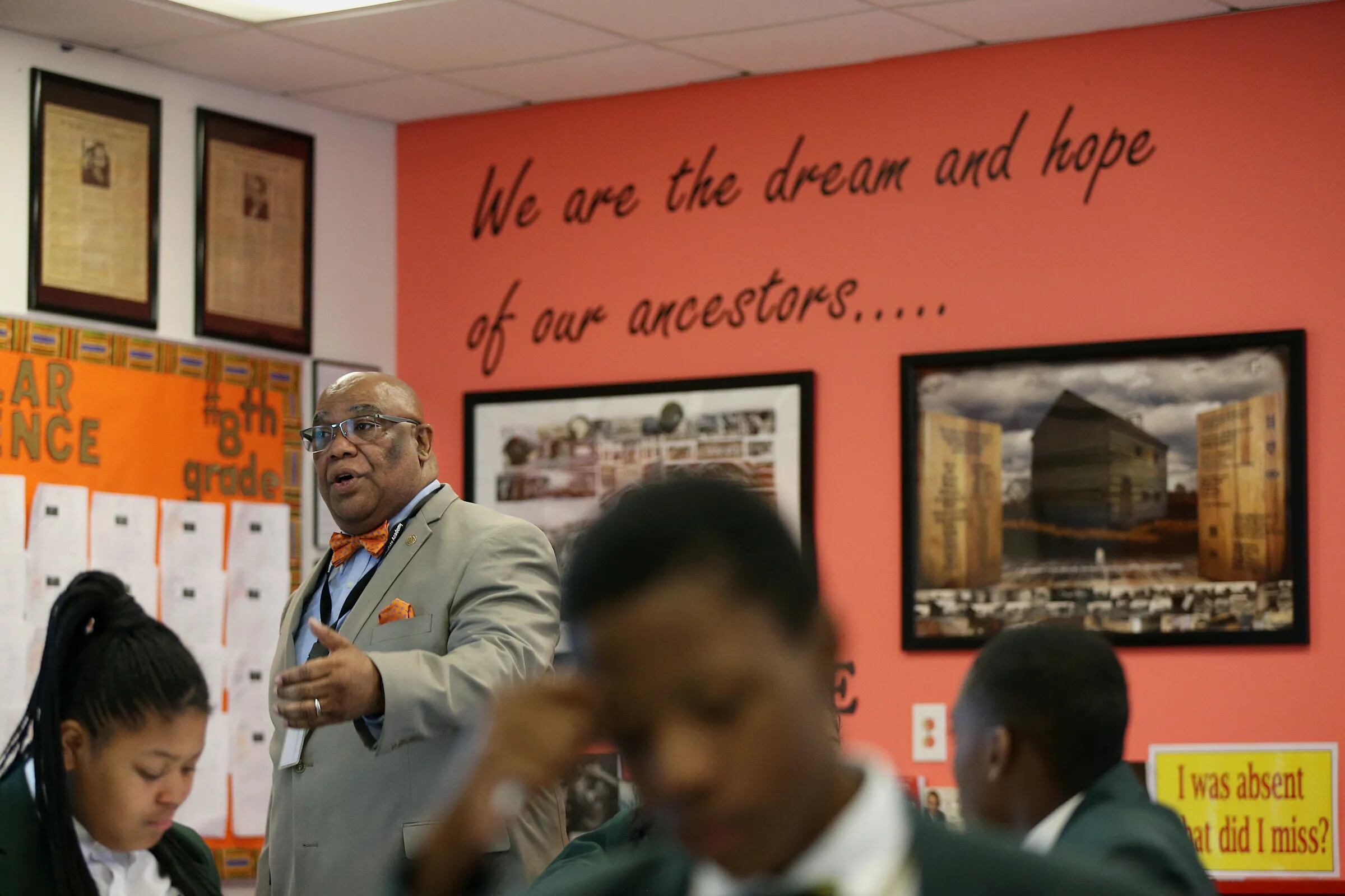 Teacher Gregory Wright leads a lesson on Underground Railroad code words during a global studies class at Global Leadership Academy Charter School in West Philadelphia.