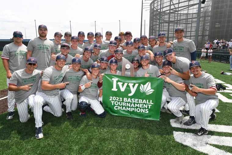 The Penn baseball team celebrates its Ivy League Tournament title on Monday.