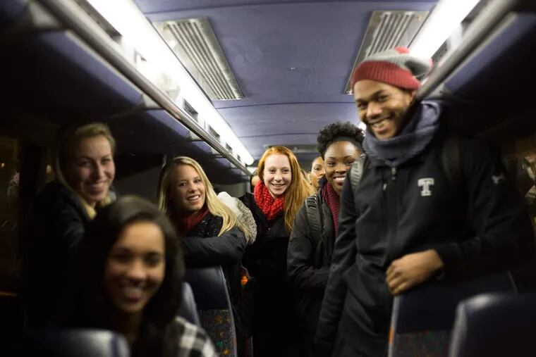 The Temple University women's gymnastics team arrived at Pearson-McGonigle Hall about 7 p.m. Sunday, Jan. 24, 2016. The team was stranded for more than 24 hours on the Pennsylvania Turnpike.