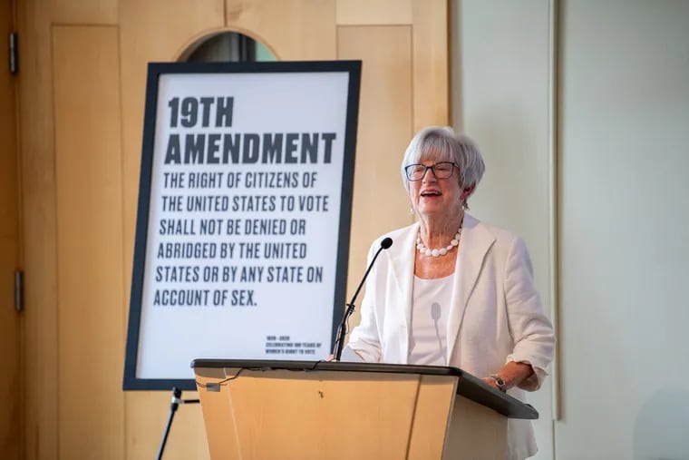 Lynn Yeakel, who died Thursday, Jan. 13, speaks at an event on the 19th Amendment granting women the right to vote.