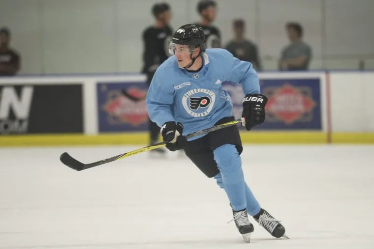 Center Nolan Patrick takes part in the Flyers’ rookie camp in Voorhees on Monday.