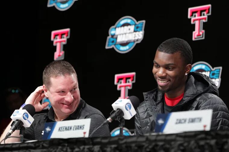 Texas Tech Head Coach Chris Beard, left, and player Keenan Evans joke about the country music Beard sometimes plays at practices at a press conference on March 24, 2018. They will play Villanova in the East Regionals of the NCAA Tournament at TD Garden on March 25, 2018.