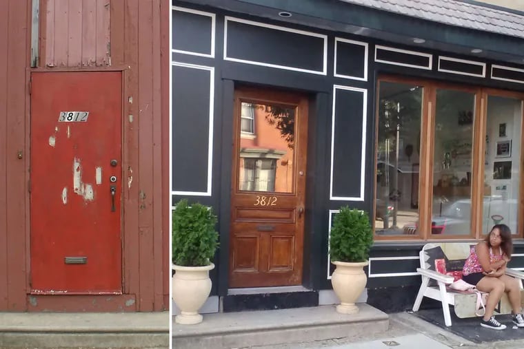 John Junius Taylor 's storefront in Powelton Village went from bore to door (left and right) with the refurbishing of a Victorian piece. The transformation won Taylor the 2014 Storefront Challenge Award.