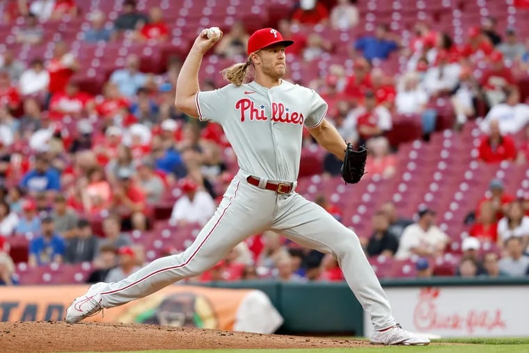 Noah Syndergaard of the Philadelphia Phillies throws a pitch during the second inning against the Cincinnati Reds at Great American Ball Park on August 15, 2022 in Cincinnati, Ohio. (Photo by Kirk Irwin/Getty Images)