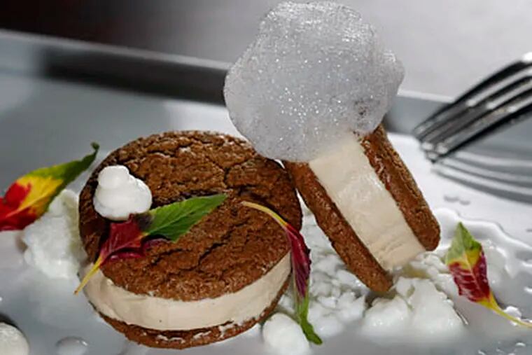 The Plescha brothers’ inventive take on "Oreos and milk": Gingersnaps stuffed with foie gras over shards of frozen sweet milk. (MICHAEL S. WIRTZ / Staff Photographer)