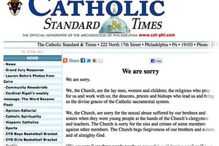The apology was published on the Catholic Standard and Times Web site. (Source: http://cst-phl.com/)