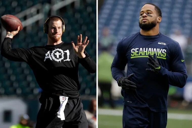 Eagles Carson Wentz (left) will take on a Seahawks secondary led by Earl Thomas (right).