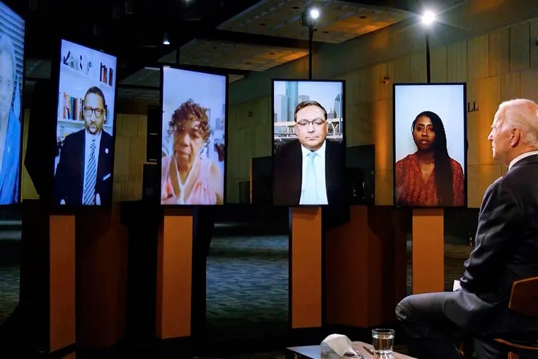 In this image from video, Democratic presidential candidate former Vice President Joe Biden leads a conversation on racial justice with Art Acevedo, Jamira Burley, Gwen Carr, Derrick Johnson and Lori Lightfoot during the first night of the Democratic National Convention on Monday, Aug. 17, 2020.