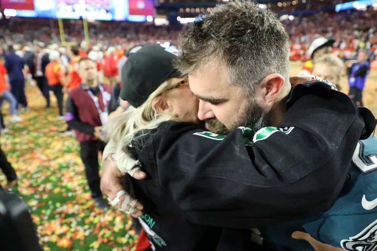 Eagles center Jason Kelce hugs his mother, Donna Kelce, after the Super Bowl loss to the Chiefs.
