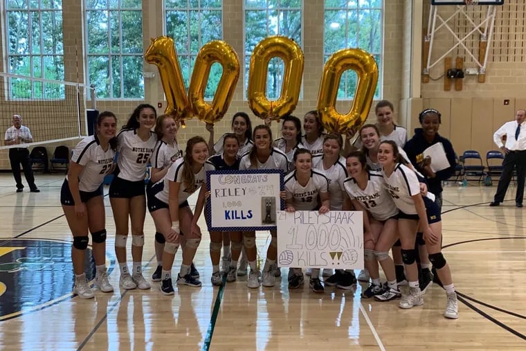 North Carolina State recruit Riley Shaak completed her 1,000th kill at Notre Dame in Wednesday's 3-0 win over Merion Mercy.
