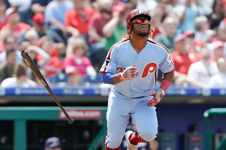 Odubel Herrera tossed his bat after hitting the baseball against the Milwaukee Brewers on May 16, 2019 in Philadelphia.