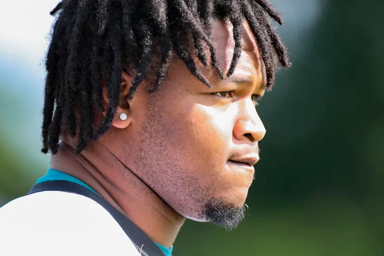 Eagles rookie Jalen Carter enters his first day of training camp at the NovaCare Complex in Philadelphia on Wednesday, July 26, 2023.