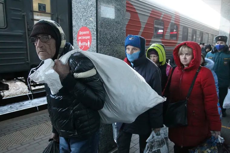 People from Mariupol and eastern Ukraine disembarked from a train at the railway station in Nizhny Novgorod, Russia, on April 7 to be taken to temporary residences in the region. About 500 refugees from the Mariupol area arrived in Nizhny Novgorod on a special train organized by Russia from eastern Ukraine, about 500 miles (800 kilometers) from the border.