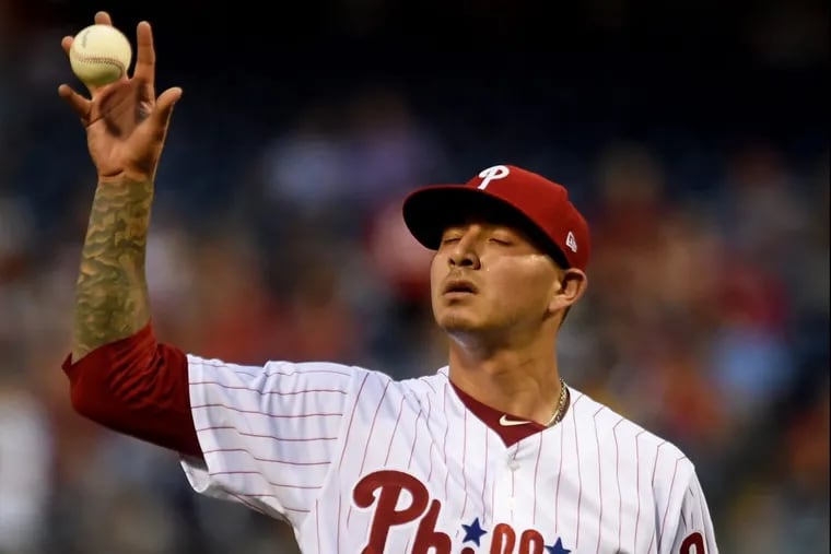 Phillies starter Vince Velasquez has a bruised middle finger on his right hand.