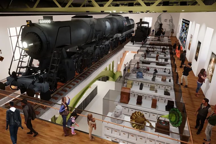 A rendering by architecture firm SmithGroup of the Franklin Institute's future space for its Baldwin locomotive as well as many of the museum's artifacts.