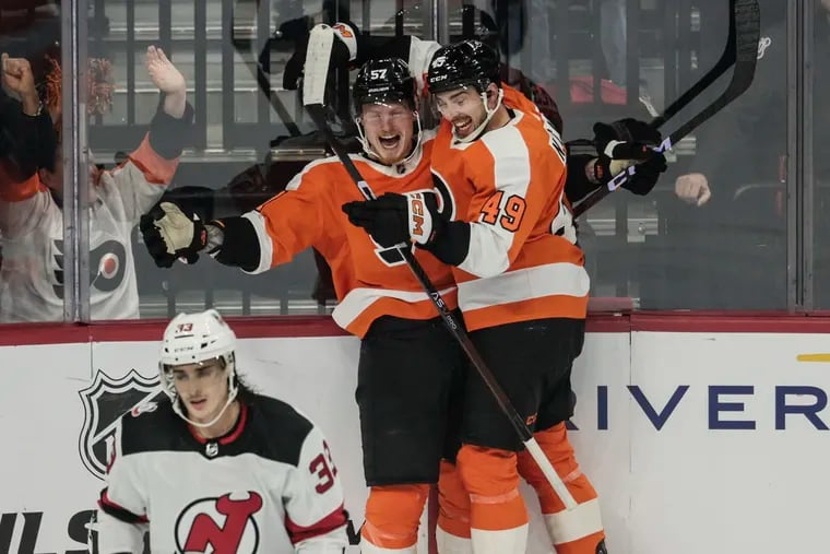 Flyers winger Wade Allison (left) scored the team's opening goal of the season, cashing in a rebound after an initial shot from Ivan Provorov.