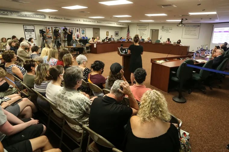 Parent Dana Roberts speaks against as the Central Bucks School District is poised to vote on a library policy which would ban books with "sexualized content”, Doylestown, Tuesday  July 26, 2022