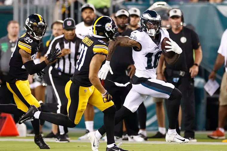 Quez Watkins blows by the Steelers' secondary on Aug. 12. The second-year receiver was a standout for the Eagles this preseason.