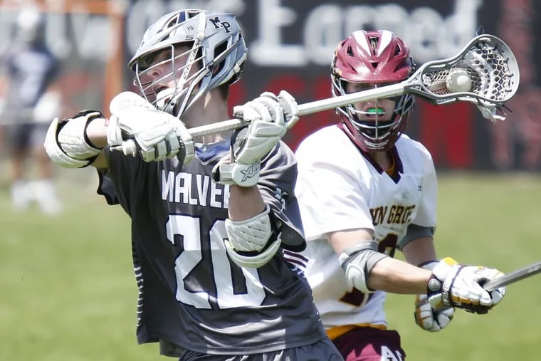 Malvern Prep’s Quinn McCahon (20) shoots after getting past Avon Grove’s Dominic Stella in the third quarter of the Friars’ 16-4 victory.