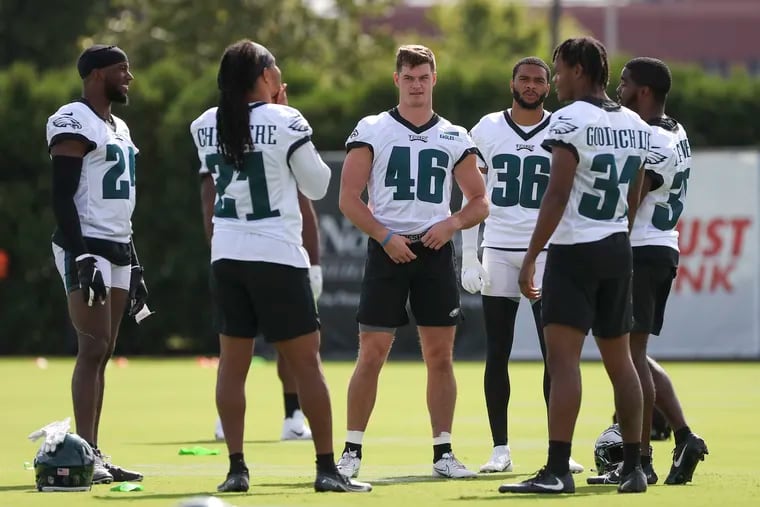 Eagles’ safety Reed Blankenship (46) stands in the center with his teammates during training camp at the NovaCare Complex in early August.