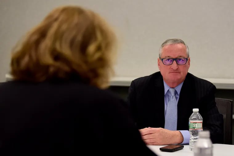 Mayor Jim Kenney speaks with the Inquirer editorial board during an endorsement meeting last week.