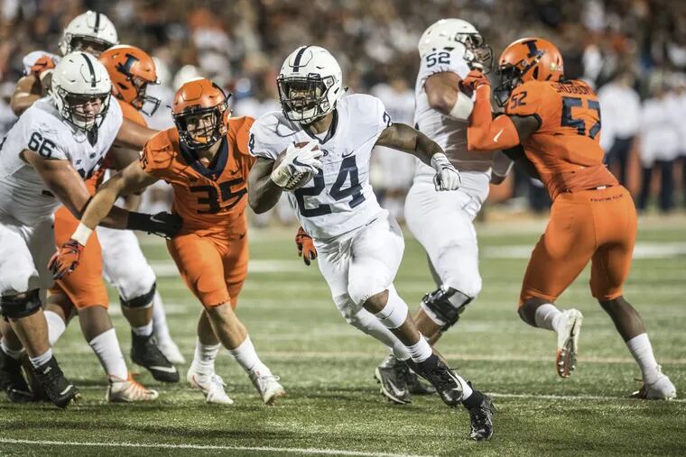 Penn State running back Miles Sanders (24) finds a hole in the first quarter against Illinois on Sept. 21.