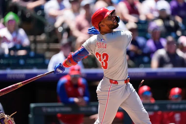 Phillies shortstop Edmundo Sosa pops out against Colorado’s Cal Quantrill in the third inning.