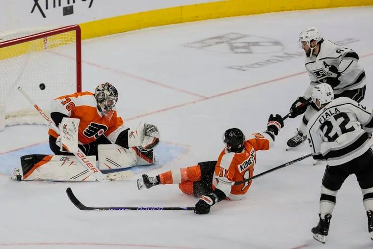Los Angeles Kings forward Kevin Fiala beats Carter Hart for the overtime game-winner. The goal came off a two-on-one rush after two Flyers defensemen were caught up ice.