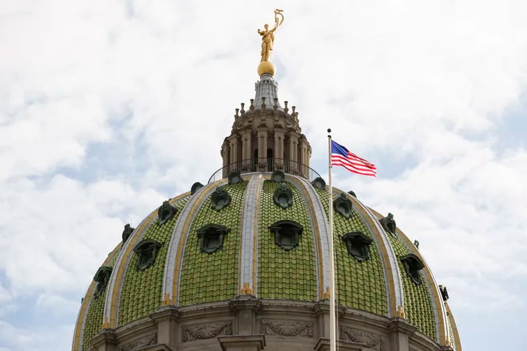 Shown is the Pennsylvania Capitol in Harrisburg, Pa. on the Wednesday, April 10, 2019. (AP Photo/Matt Rourke)