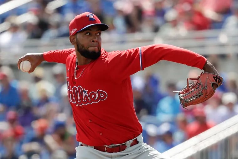 Phillies reliever Seranthony Dominguez pitched a scoreless sixth inning Sunday against the Toronto Blue Jays at TD Ballpark in Dunedin, Fla.