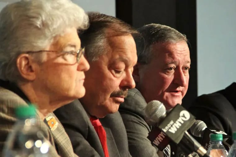 File photo: From left: Mayoral hopefuls Lynne Abraham, Nelson Diaz and Jim Kenney at a debate in April hosted by WHYY, where Kenney defended his backing by IBEW leader John Dougherty. (EMMA LEE / WHYY / THE NEXT MAYOR)