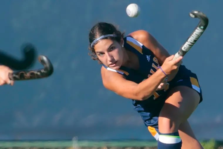 La Salle’s Sofia Pla clears the ball during the Saint Louis at La Salle field hockey match at La Salle in Phila., Pa. on Oct. 1, 2021.