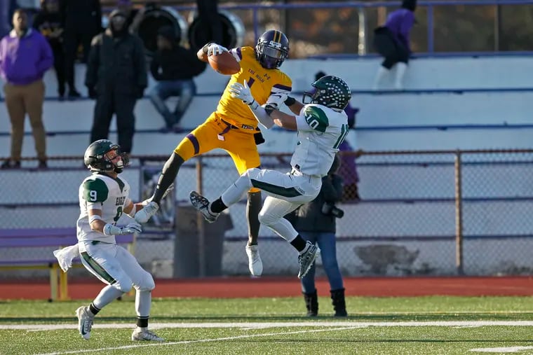 Corey Palmer (No. 1, with football) making a catch vs. West Deptford in last season's South Jersey Group 2 semifinals.