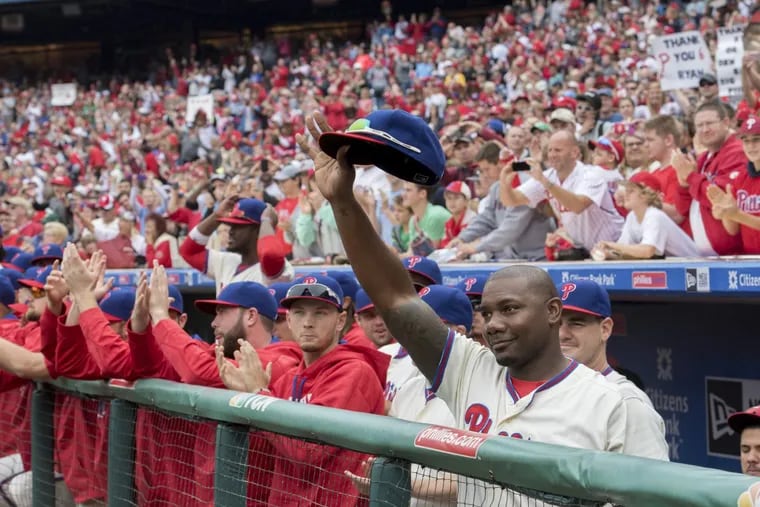 Ryan Howard acknowledges the cheers of the fans raining down on him at Citizens Bank Park on October 2, 2016, during a pre-game ceremony honoring his Phillies career.