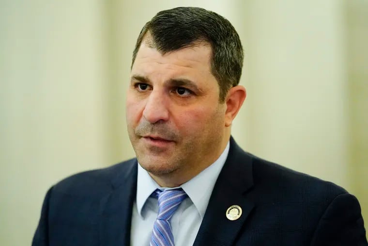 Rep. Mark Rozzi, D-Berks speaks with members of the media at the Capitol in Harrisburg, Pa., Monday, March 22, 2021. Majority Republicans in the state Senate announced Monday they will not employ a rarely used emergency process to amend the Pennsylvania Constitution to give victims of child sexual abuse a 2-year window in which to file civil lawsuits. (AP Photo/Matt Rourke)