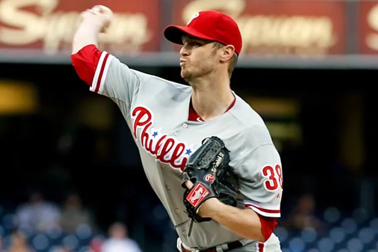 Philadelphia Phillies starting pitcher Kyle Kendrick throws against the San Diego Padres during the first inning of a baseball game Thursday, Sept. 18, 2014, in San Diego. (Don Boomer/AP)