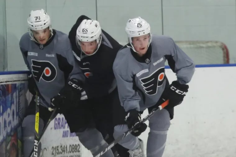 Danick Martel (left). shown in a scrimmage last year, has 14 goals in 15 games for the Phantoms.