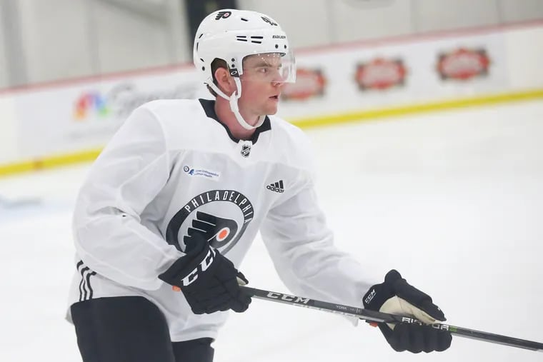 Cam York, the Flyers' top draft pick in 2019, skates during development camp in Voorhees on June 26, 2019. He was named Team U.S.A.'s top player in Friday's loss to Russia.